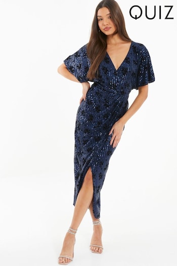 Quiz Blue Flock Batwing Wrap Maxi Dress (N07209) | £55