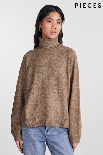 PIECES Brown Roll Neck Soft Touch Knitted Jumper (N07305) | £28