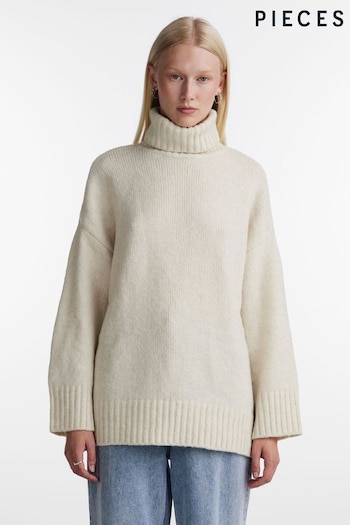 PIECES Cream Oversized Roll Neck Longline Knitted Jumper (N07309) | £42