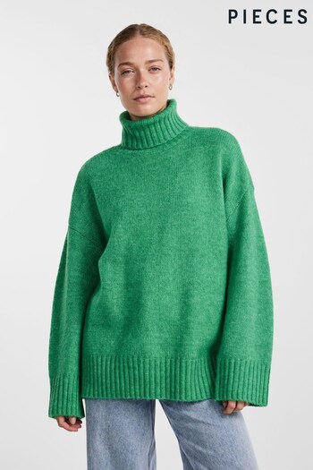 PIECES Green Roll Neck Oversized Longline Knitted Jumper (N07310) | £42