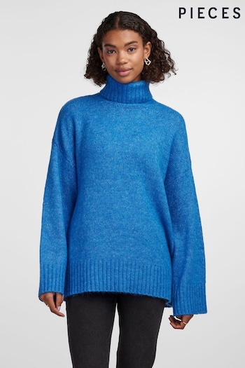 PIECES Blue Roll Neck Oversized Longline Knitted Jumper (N07311) | £42
