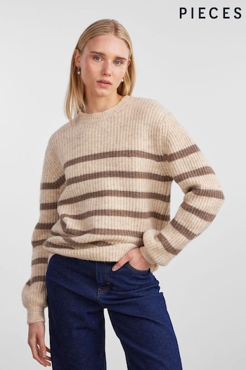 PIECES Cream Stripe Knitted Jumper With Wool Blend (N07312) | £45