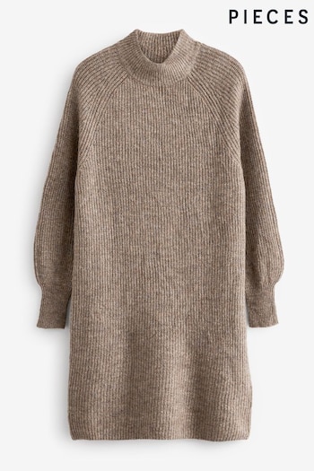 PIECES Brown High Neck Knitted Balloon Sleeve Jumper Dress (N07313) | £42