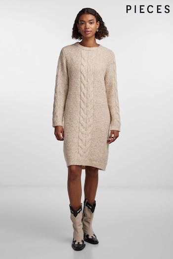 PIECES Cream Chunky Cable Knitted Jumper Dress (N07316) | £50