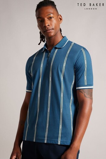Ted Baker Teal Blue Sisons Zip Polo Shirt With Striped Branding (N07361) | £75