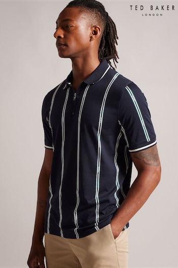Ted Baker Blue Sisons Zip Polo Shirt With Striped Branding (N07364) | £75