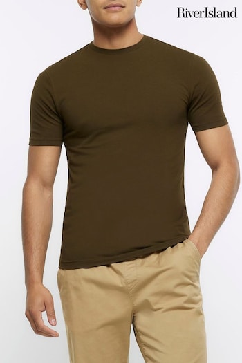 River Island Khaki Green Muscle Fit T-Shirt (N07437) | £10
