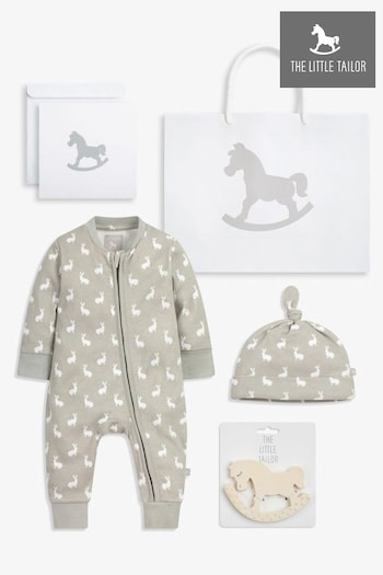 The Little Tailor Grey Easter Bunny Print Luxury 3 Piece Baby Gift Set; Sleepsuit, Hat and Rubber Teether Toy (N07440) | £36