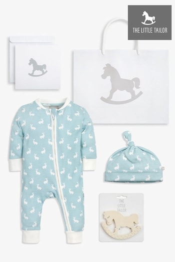 The Little Tailor Blue Easter Bunny Print Luxury 3 Piece Baby Gift Set; Sleepsuit, Hat and Rubber Teether Toy (N07441) | £36