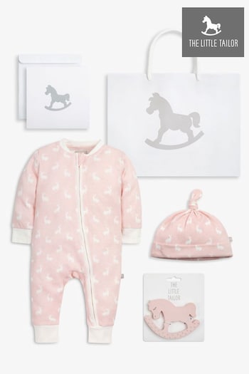The Little Tailor Pink Easter Bunny Print Luxury 3 Piece Baby Gift Set; Sleepsuit, Hat and Rubber Teether Toy (N07443) | £36