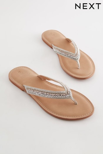 Silver Regular/Wide Fit Forever Comfort® Leather Embellished Toe Thong Sandals low (N07536) | £22