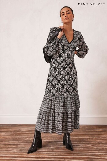 Mint Velvet Black Print Frill Maxi Dress (N07577) | £139