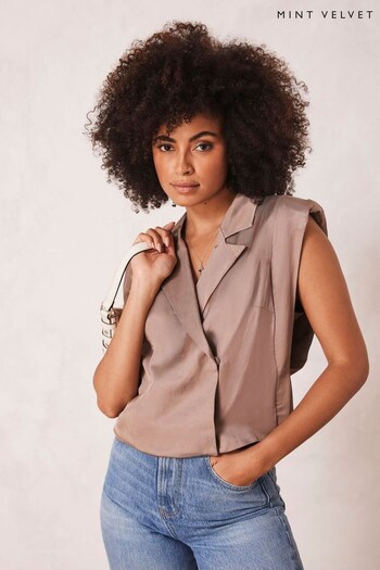 Mint Velvet Brown Wrap Suit Style Top (N07584) | £89