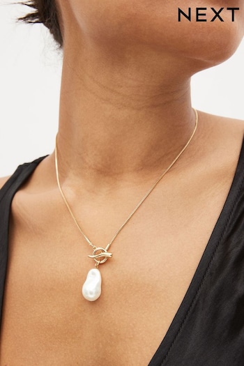 Gold Tone Pearl Drop T-Bar Necklace Made with Recycled Brass (N07737) | £10.50