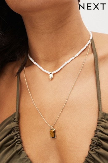 White Bead Gold Tone Chain Two Layer Necklace Made with Recycled Metal (N07759) | £14
