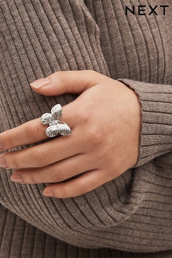 Silver Tone Butterfly Statement Ring (N07768) | £10