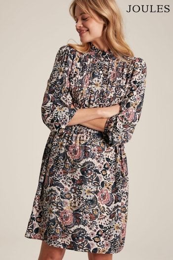 Joules Lucia Brown Floral Frill Neck Midi Dress (N07899) | £69.95