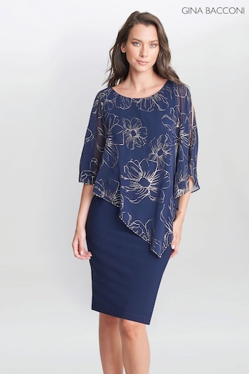 Gina Bacconi Blue Fiona Floral Glittered Asymmetric Dress (N09007) | £230