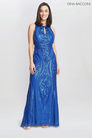 Gina Bacconi Blue Natalie Sequin Beaded Keyhole Maxi Dress (N09009) | £380