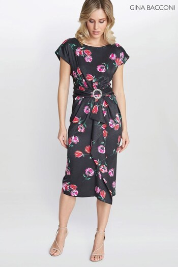 Gina Bacconi Saffron Floral Print Satin Black Dress With Buckle (N09012) | £180