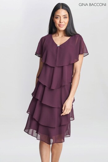 Gina Bacconi Purple Bella Georgette Tiered Dress (N09018) | £220