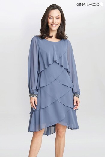 Gina Bacconi Natural Sakura Long Sleeved Tiered Dress With Rhinestone Beading At Cuff (N09019) | £240