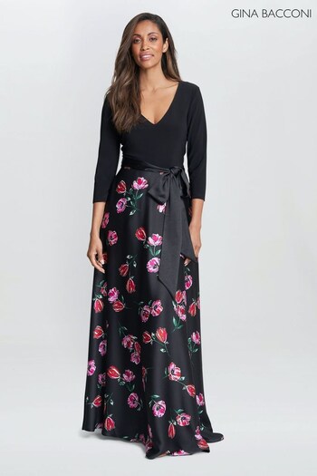 Gina Tricot Bacconi Athena Print Floral Satin And Jersey Black Dress (N09020) | £270