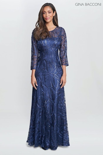 Gina Bacconi Blue Isabel Maxi Embroidered A-Line Dress With Illusion Neckline (N09021) | £320