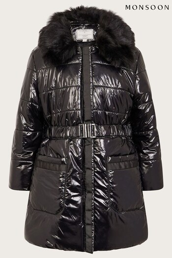 Monsoon High Shine Ruffle Padded Black Coat (N09029) | £65 - £75