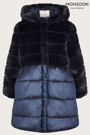 Monsoon Blue Faux Fur Padded Shine Coat (N09030) | £68 - £78