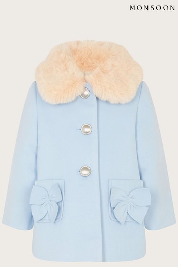 Monsoon Baby Blue Bow Faux Fur Trim Coat (N09036) | £52 - £56