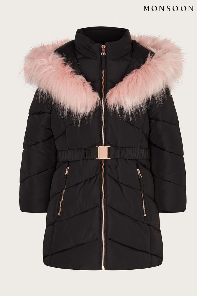 Monsoon Belted Faux Fur Hooded Black Coat (N09038) | £58 - £68