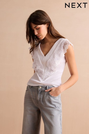 White Short Sleeve Crochet Trim Top (N09074) | £42