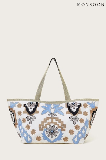 Monsoon Blue Metallic Embroidered Quilted Tote Bag (N09198) | £55