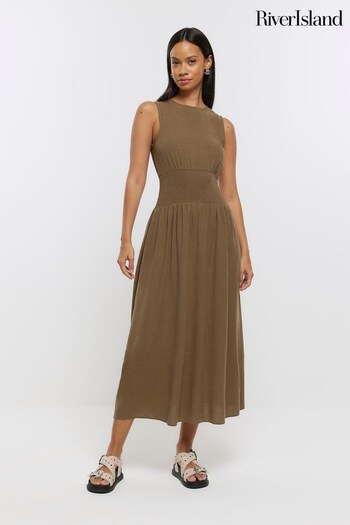 River Island Green Shirred Waist Linen Dress (N09205) | £20
