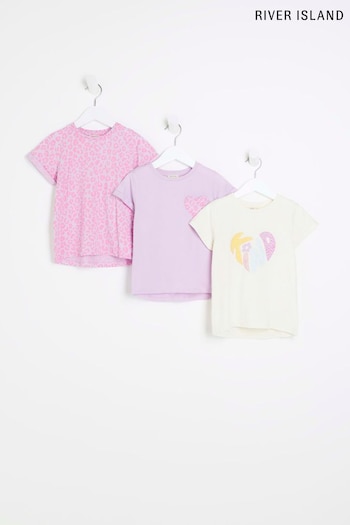 River Island Purple Girls Multipack of 3 Printed T-Shirt (N09227) | £16
