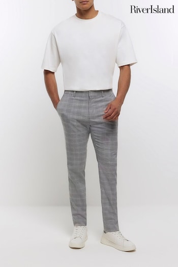 River Island Grey Tapered Pleat Check Trousers (N09238) | £29