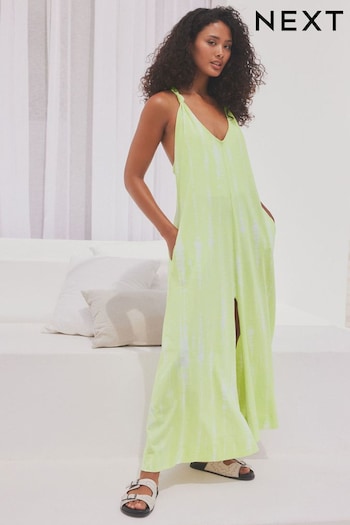 Lime Tie-Dye 100% Cotton Knot Summer Maxi Dress Ruched (N09291) | £36