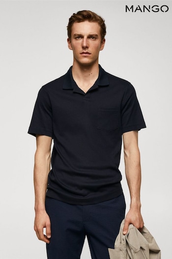 Mango Blue 100% Cotton Navy Bue Polo Shirt with Pocket Shirt (N09477) | £30