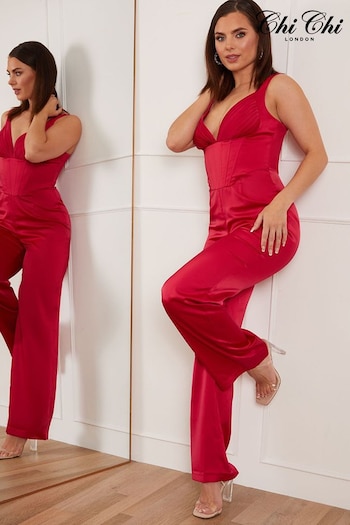 Chi Chi London Red Petite Corset Style Jumpsuit (N0X988) | £95