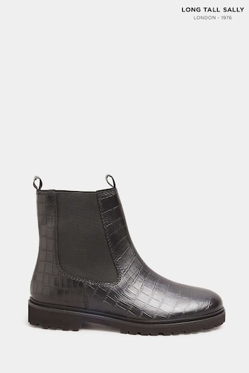Long Tall Sally Black Leather Cleated Chelsea Croc Effect Boots (N10013) | £80