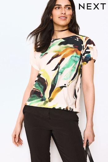 Rainbow Leaf Print Gathered Short Sleeve Textured Boxy T-Shirt (N10045) | £28
