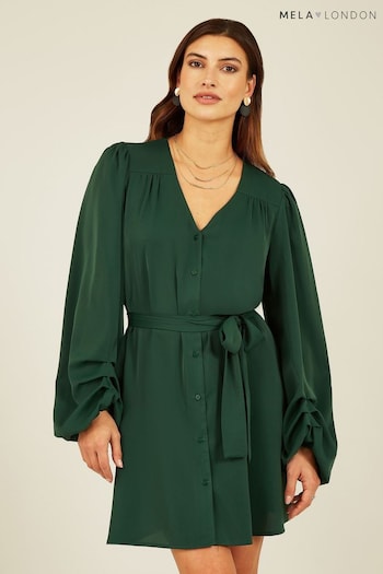 Mela Green Balloon Sleeve Shirt Dress (N10048) | £45