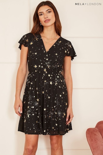 Mela Black Foil Star Print Wrap Skater Dress (N10049) | £40