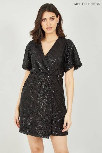 Mela Black Sequin Kimono Sleeve Wrap Dress (N10054) | £45