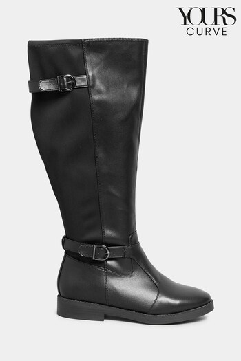 Yours Curve Black Wide Fit Double Strap Knee Boots (N10280) | £55