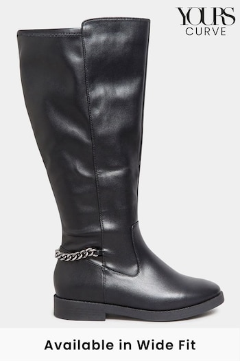 Yours Curve Black Wide Fit Chain Detail Stretch Knee PU Boots (N10282) | £55