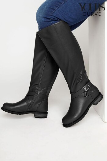 Yours Curve Black Wide Fit Metal Strap Knee Boots (N10283) | £55