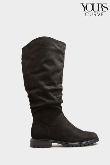 Yours Curve Black Wide Fit Ruched Cleated Boots (N10292) | £55