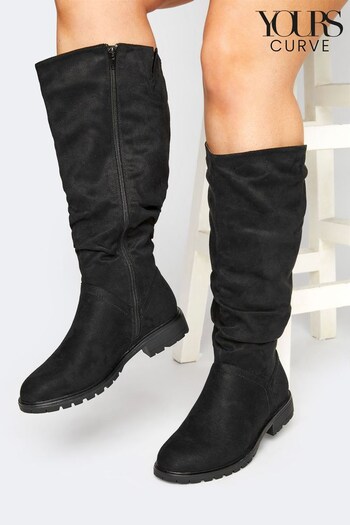 Yours Curve Black Extra-Wide Fit Ruched Cleated Boots (N10293) | £55